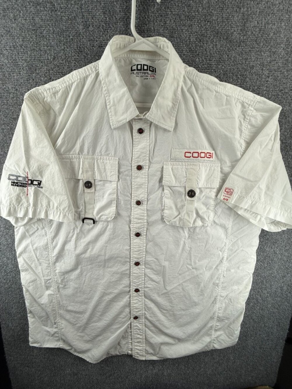 Coogi Men Button Up Shirt White Short Sleeve Outdoors Fishing Hiking Pockets 2XL